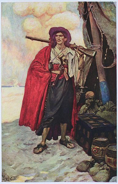 Howard Pyle The Buccaneer was a Picturesque Fellow: illustration of a pirate, dressed to the nines in piracy attire.